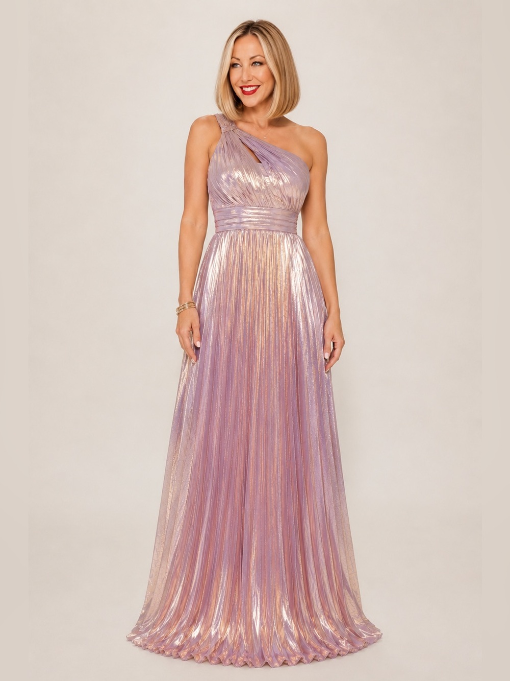 Lavender Metallic One Shoulder Pleated Maxi Gown Formal Dress Medium NWT